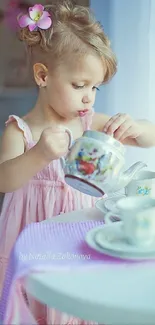 Little girl in pink dress at a tea party with floral cups.