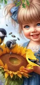 Charming child with birds and sunflower mobile wallpaper.