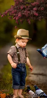 Little boy in hat with birds and pink blossoms.