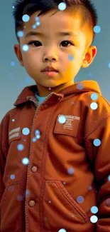 Young child in brown jacket with bokeh light effects on a mobile wallpaper.