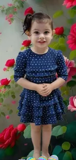 Child in blue dress with vibrant floral background.