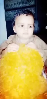 Cute child holding a fluffy, bright yellow toy.