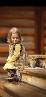 Child with kitten on rustic steps in cozy autumn attire.