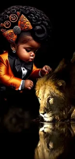 Stylish child with lion mobile wallpaper in vibrant colors.