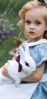 Girl in blue dress holding a white bunny in a garden setting.