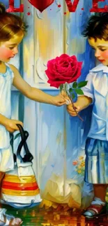 Children exchanging a rose in a colorful classic painting.