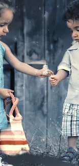 Children sharing a dandelion in a serene blue-gray setting.