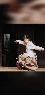 Child playing in vintage attire on a rustic background.