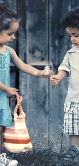 Two children sharing a tender moment in a rustic setting wallpaper.