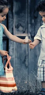 Two children sharing a tender moment outdoors in a blue-gray themed wallpaper.