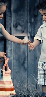 Children sharing a dandelion in a blue-gray toned setting.