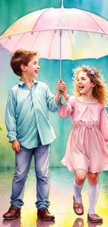 Children with a pastel umbrella in a vibrant watercolor scene.