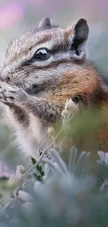 Close-up of a chipmunk with pastel floral background.