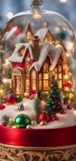 Charming Christmas dome with house and baubles.