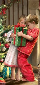 Children by a Christmas tree with gifts and a cozy fireplace.