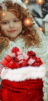 Joyful child with festive red sack and gifts in snowy Christmas scene.