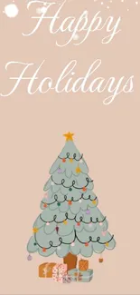 Happy Holidays wallpaper with illustrated Christmas tree and presents.