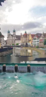 City river view with historic buildings and tranquil waters.