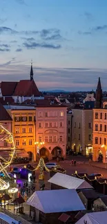 Charming European market at night with illuminated architecture.