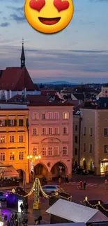 Cityscape at dusk with twinkling lights and a heart-eyed emoji.