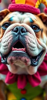 Charming bulldog in a colorful clown costume.