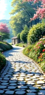 Charming cobblestone path with vibrant flowers and cherry blossoms in a serene setting.