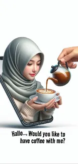 Elegant digital art of a woman inviting for coffee through a smartphone screen.