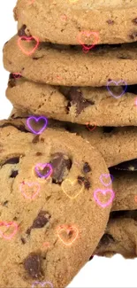 Stacked chocolate chip cookies with neon heart overlays.