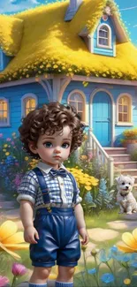 Charming cottage with child and puppy, colorful flowers, whimsical art style.