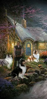 A cozy stone cottage with collie dogs in a vibrant garden setting under a night sky.