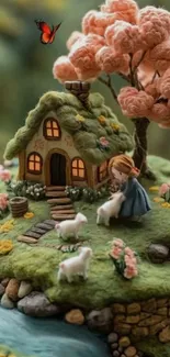 Knitted cottage scene with sheep and butterfly in lush setting.
