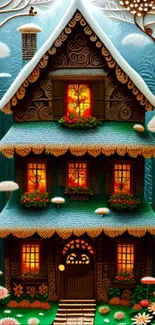 Enchanted cottage with warm glow in autumn forest art.