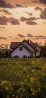 Charming cottage beneath a warm sunset sky.