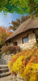 Charming stone cottage surrounded by vibrant autumn colors and lush garden.