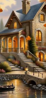 Cozy stone cottage by a tranquil lake with autumn leaves.