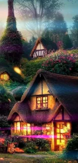 Charming illuminated cottage in a lush, magical setting at dusk.