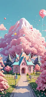 Cottage with pink blossoms in fantasy landscape.