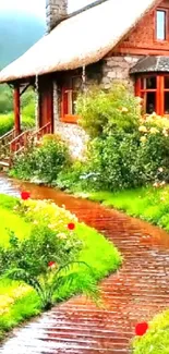 A cozy cottage with a lush garden and vibrant flowers along a winding path.