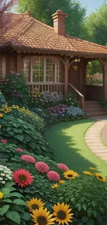 Charming cottage with vibrant flowers and a winding path.