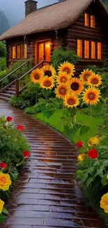 Charming cottage with sunflowers and roses along a garden path.