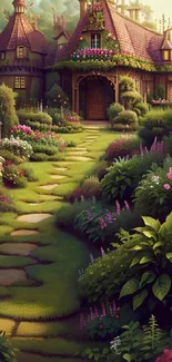 Enchanting fairytale cottage amidst a lush, vibrant garden pathway.