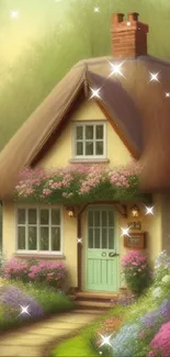 Charming cottage surrounded by colorful flowers and lush green garden.