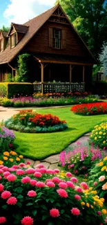 Charming cottage surrounded by vibrant gardens.