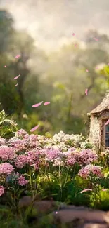 Charming cottage with lush pink flowers and greenery.