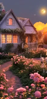 Cottage with pink roses under a moonlit sky.