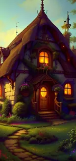 Enchanted forest cottage with glowing windows at dusk.