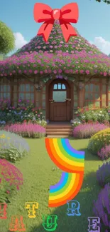 Charming cottage with floral roof and rainbow path in a lush garden setting.