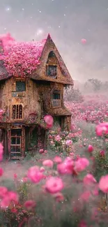 Charming wooden cottage surrounded by pink blossoms in a dreamy field.