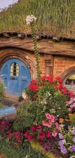 Charming cottage with blue door and vibrant flower garden.