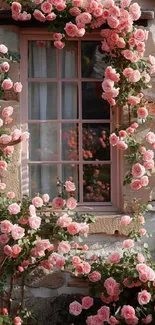 Rose-adorned cottage window with flowers.